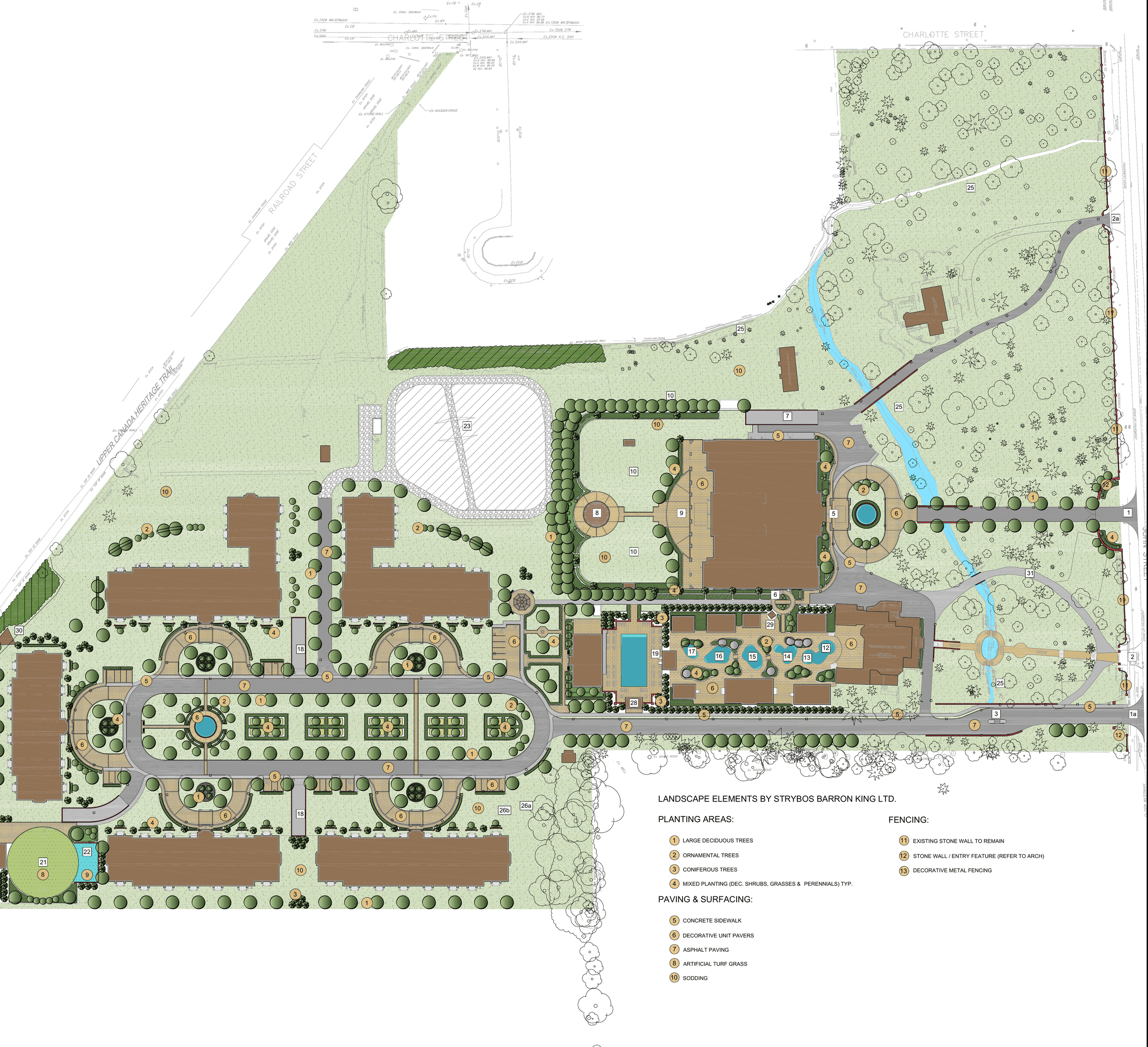 Detail from the landscape conceptual plan, showing the hotel, the spa gardens, the residences and the retained heritage buildings.
