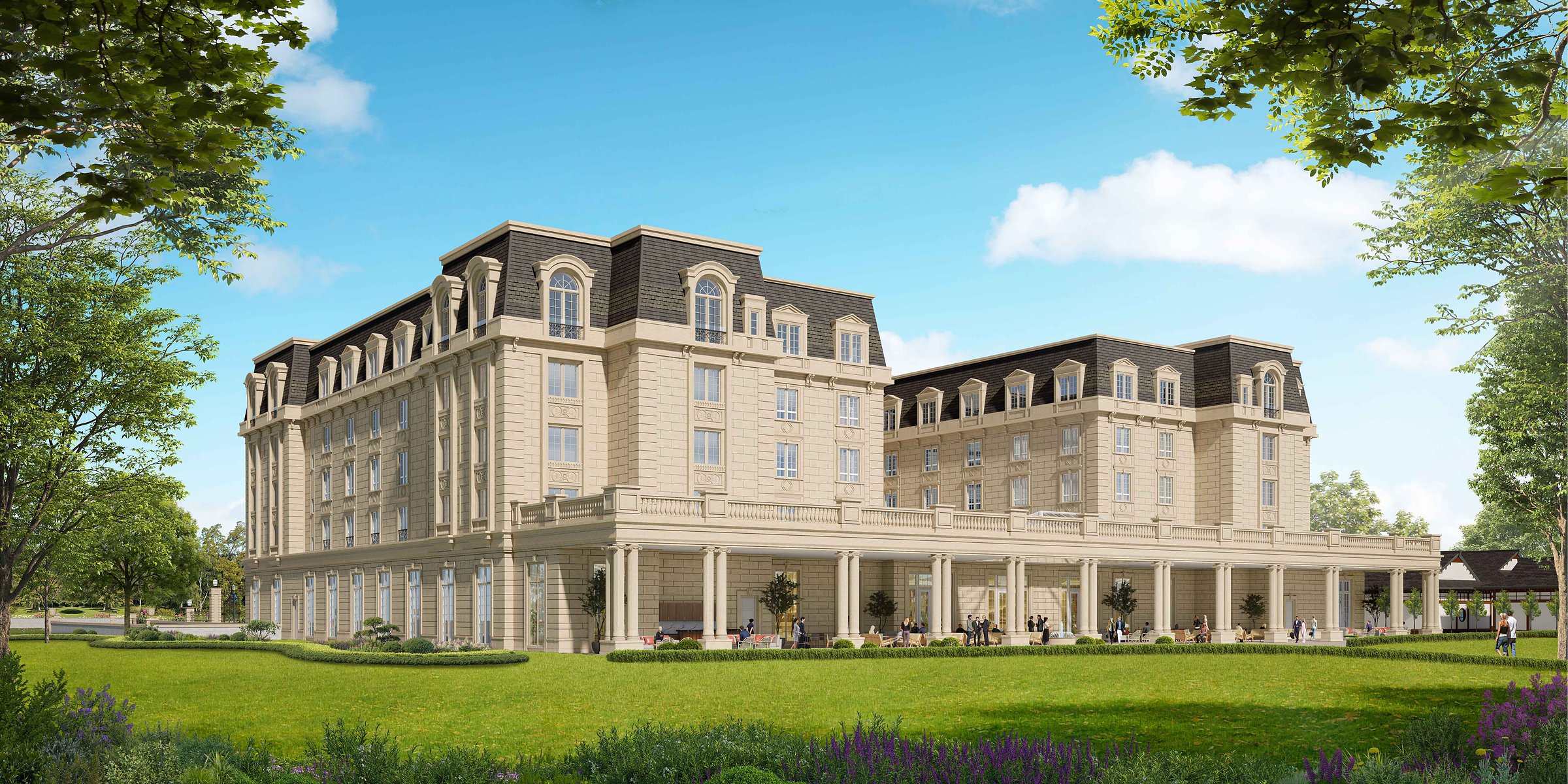 Architectural rendering of The Ritz, showing the colonnade and terrace at rear.