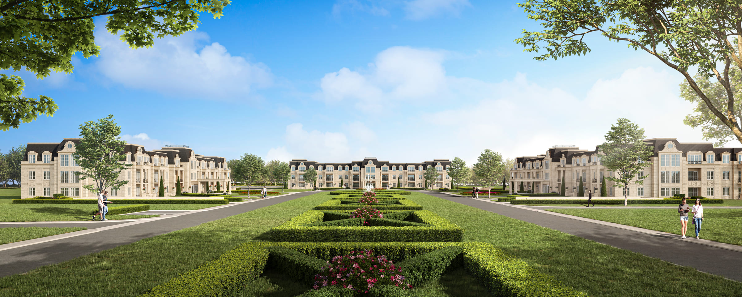 Architectural rendering of the proposed Ritz Residences, arranged along a formal garden boulevard.